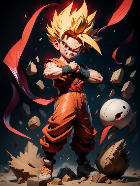 masterpiece, best quality, ultra-detailed, adult gohan 1boy, solo, full body, evil smile, gold glowing hair, spiked hair, (((red...