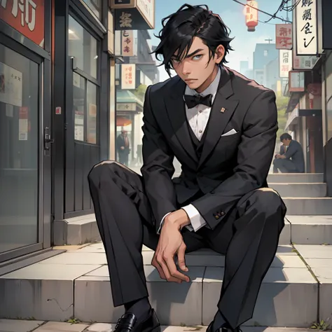 man dressed in suit, thoughtful look of black hair, sitting within a meter of tokio --auto --s2