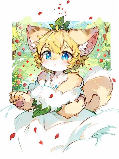 ((Masterpiece)), highest image quality ((furry)), ((pair of yellow cat ears)), ((cat tail)), blue pupils, short hair, leaves, delicate hair, delicate skin, cute, yellow hair, dull hair, delicate eyes, cute beast, rose petals floating in the air, a leaf on ...