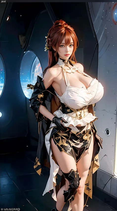 Unreal Engine 5 Realistic Rendering, wearing cosplay from Honkai Star Rail, Honkai Star Rail, game character, cosplayer, walking down hallway of futuristic space station, beautiful face, makeup, top body is hyper realistic thicc muscle and hyper largest_br...