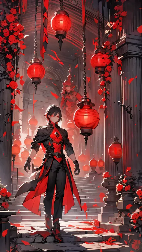 a boy with short black hair, red eyes, complicated hairstyle, ancient architecture, red lantern,