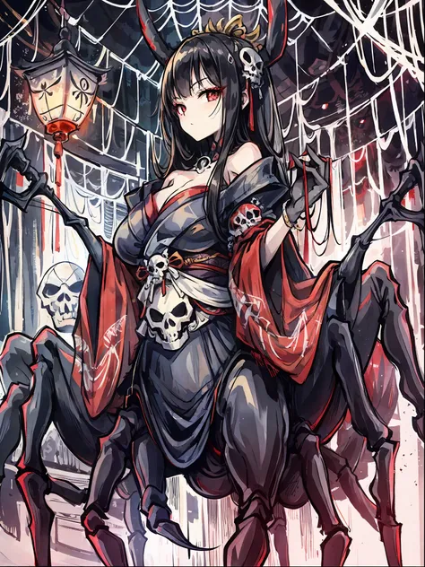 (arachne: 1.5),
master-piece, monster, solo, upper body bewitching beauty, lower body is a huge female spider, full body, kimono...