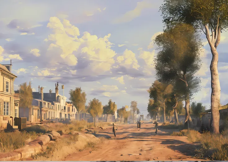 On the dirt road, with a horse and a house in the distance, the scene is inspired by the works of Ken Howard, Konstantin Savitsky, Gerard Sost, as well as Arthur Stryton and Fyodor Rokotov, the style of the picture is inspired by the work of Charles-Franço...