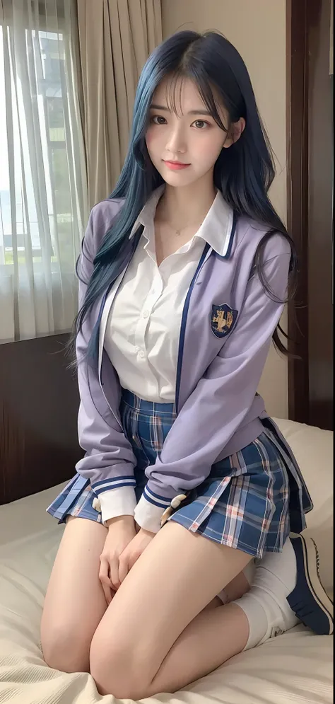 A tall mature girl, kneeling on a hotel bed, blue hair, Japanese girls school uniform, magic school student uniform, tight collar sailor uniform, Japanese school uniform, JK uniform, mature pretty girl, white and light pink clothes, schoolgirl, sakimichan,...