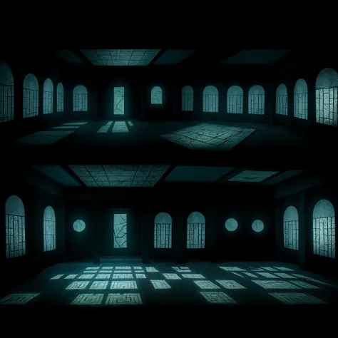 Indoor, rectangular indoor space that can accommodate 4 to 5 people, immersive haunted house, horror, blood, darkness, with projection and LED screen on the wall, holographic figures, riddles, mystery symbols, Chinese patterns, maze patterns, wheelchairs, ...