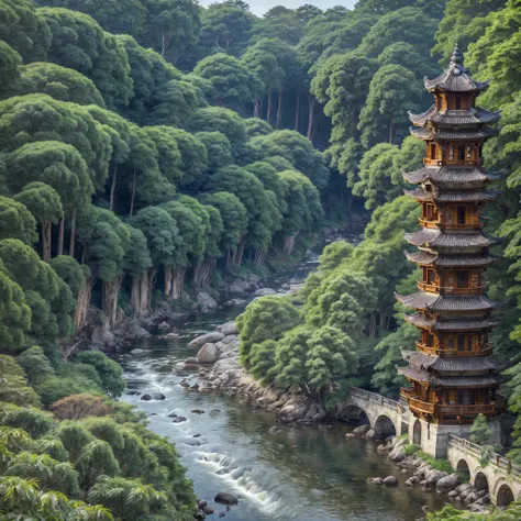 (masterpiece),(high quality), top quality, real,(real), ultra detailed, (full detail),(4k),8k,architecture, building, bush, city, east_asian_architecture, forest, grass, nature, no_humans, outdoors, tower, plant, river, landscape, tree, water , picturesque...