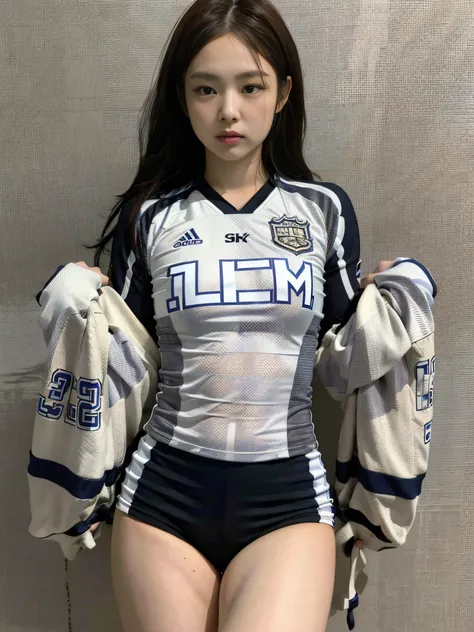 (1girl:1.3), solo, __body-parts__, kim ji-ni jennie face, wearing trendy brand, football uniform, world-weary face, cold eyes, k...