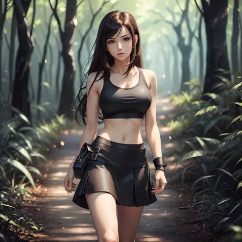 (masterpiece, best quality) 1.5, 1girl, solo, (sexy, beautiful woman, perfect face, perfect eyes), tifa lockhart, black skirt, w...