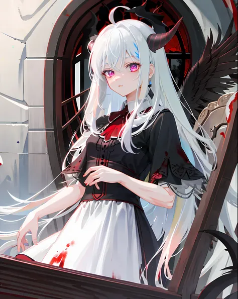 best quality, 1 girl, white hair, blood red eyes, blood, gloomy, dark, blackened, crow, demon horn