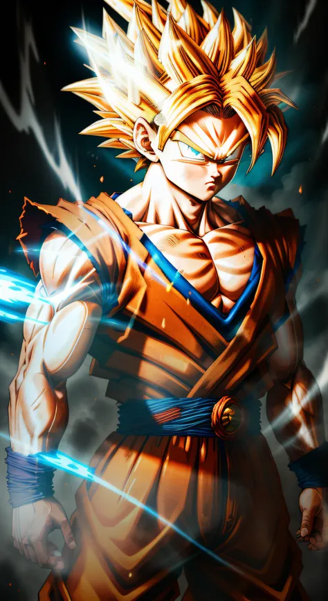 masterpiece, awesome, goku super saiyan, fierce eyes, blue eyes