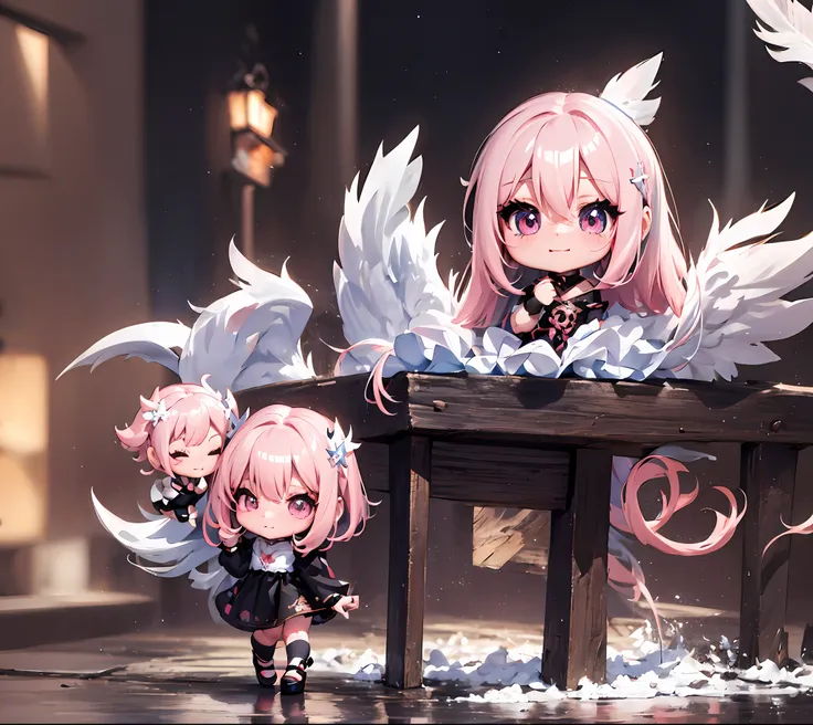 1 anime angel doll, (chibi: 1.2), 8k high quality detail art, white feathers on the back, pink hair, gradient, twinkle, style as...