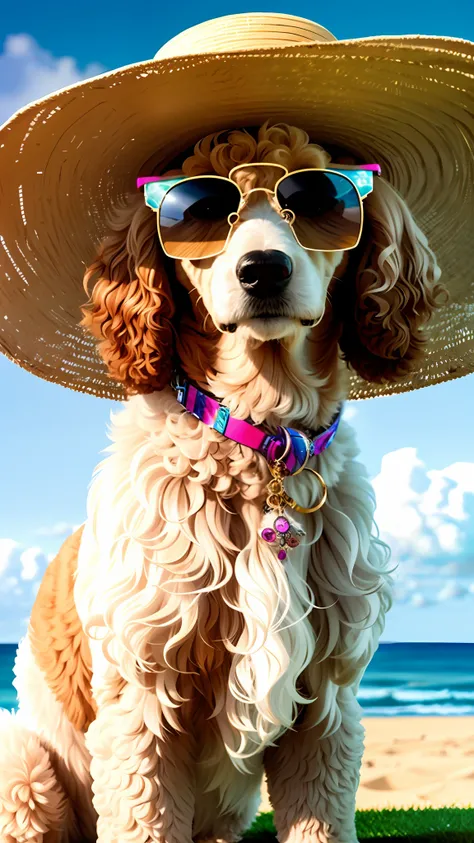 a poodle, seated, sitting on the beach, head close-up, straw hat and sunglasses, mismatched pupils, facing lens, genuine fur, hi...