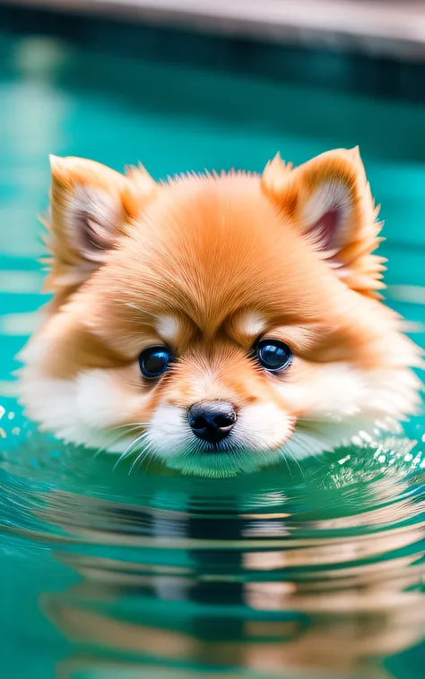 hyper quality,cute two pomeranian puppy,different colors,swimming in the pool,barking,narrow eyes,smile,eos r3 28mm