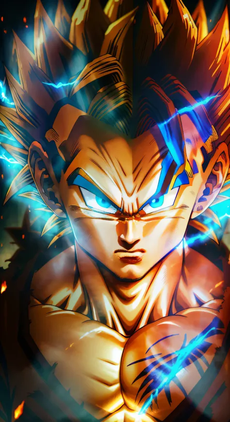 masterpiece, excellent, son gohan super saiyan, fierce eyes, blue eyes, glowing hair