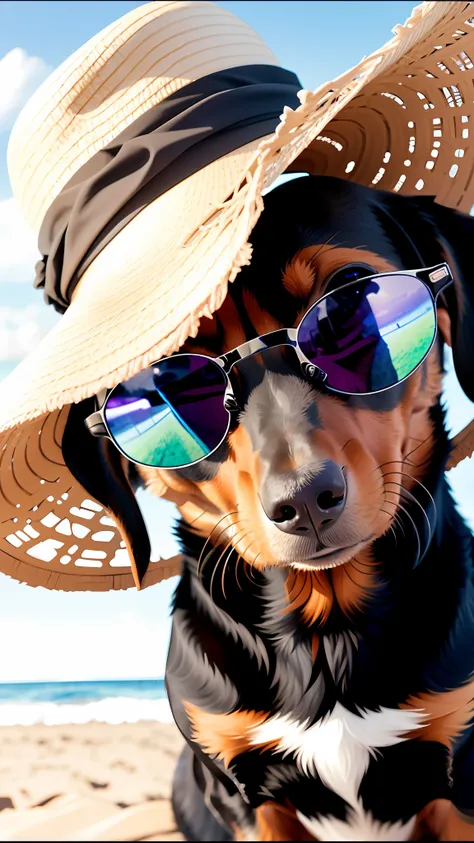 A dachshund, sitting, sitting on the beach, head close-up, happy laughter, straw hat, sunglasses, mismatched pupils, facing the lens, genuine fur, high quality fur, detailed fur details, sea background, sky, clouds, high quality background, high background...