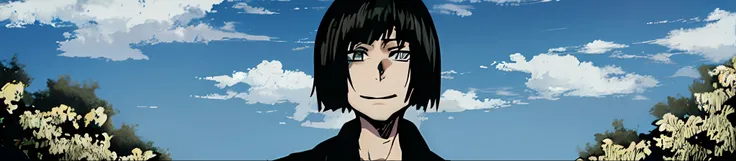 anime, a boy with a black haircut and a black jacket, black hair, color manga, manga color, color manga, color manga panel, simple background, cloud, tree