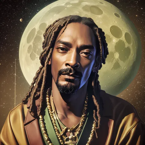 "masterpiece: snoop dogg on the moon under hyper-realism, with ultra-detailed 8k cinematography, gorgeous lighting and carefully...