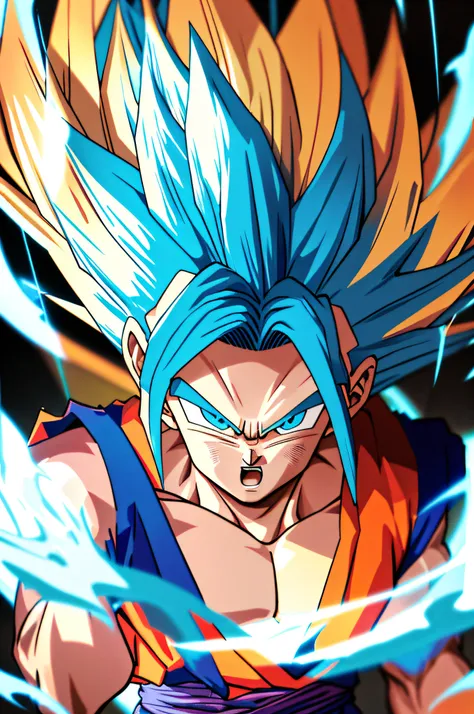 masterpiece, excellent, son gohan super saiyan, fierce eyes, blue eyes, glowing hair