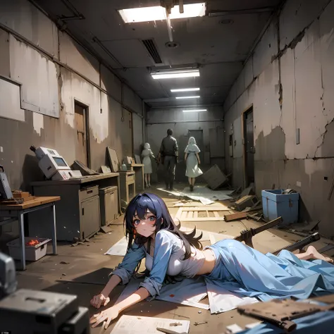 A frail girl lay in the makeshift operating room of an abandoned factory, surrounded by soldiers rushing in with weapons, and a light illuminated her