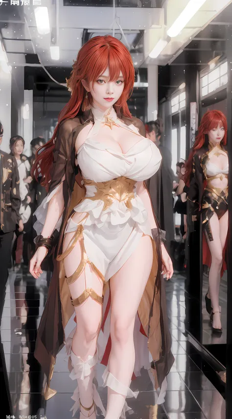 Unreal Engine 5 Realistic Rendering, wearing cosplay from Honkai Star Rail, Honkai Star Rail, game character, cosplayer, walking down hallway of futuristic space station, beautiful face, makeup, top body is hyper realistic thicc muscle and hyper largest_br...