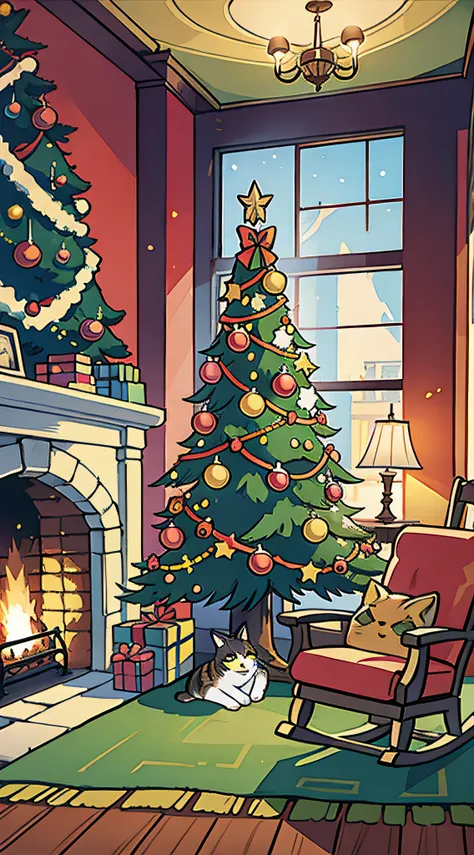 indoors, christmas tree, fireplace, a person lying on rocking chair reading a book, carpet, a cat, warm colors, bright colors