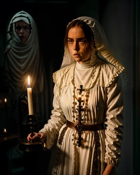 arafed woman in a white dress holding a candle in a dark room, billie eilish as a sad nun, billie eilish as a nun, karol bak of emma watson nun, an evil nun, still from a live action movie, nun, a24, netflix, annasophia robb as joan of arc, the conjuring s...