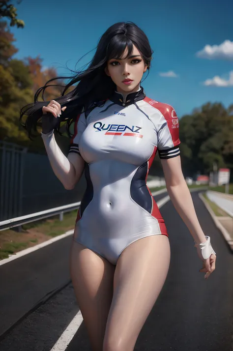 Asian woman in racing suit walking on the road, Senna from League of Legends, tight suit, cute girl in tank suit, gorgeous Chinese model, lynch peak, tights really perfect body, mass effect inspired, wearing tight suit, cute queen, beautiful detailed body ...