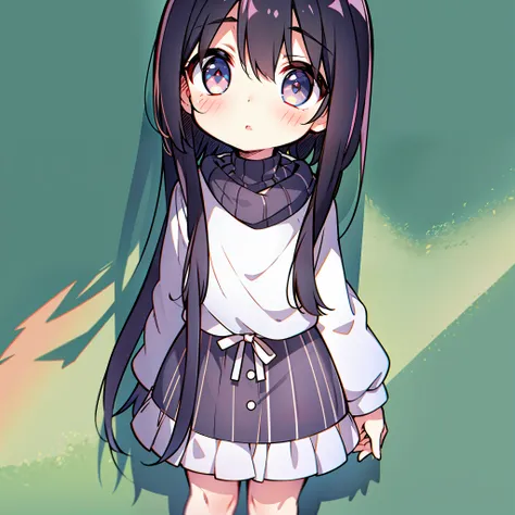 girl, black hair, dark circles, eyesless, flat chested, little girl, white sweater, no socks, about ten years old, loli