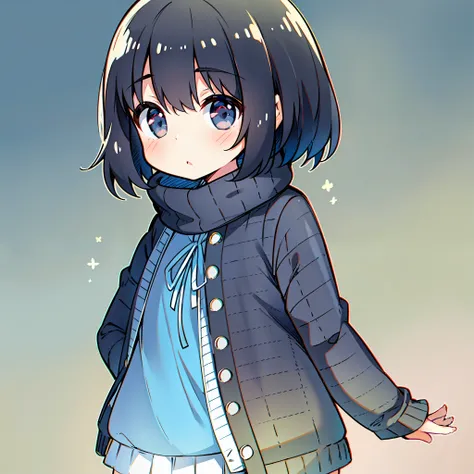 girl, black hair, dark circles, eyesless, flat chested, little girl, white sweater, no socks, about ten years old, loli