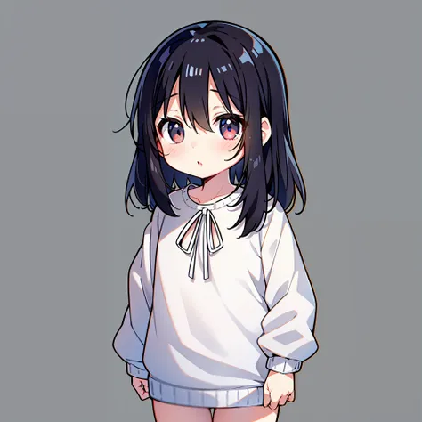 girl, black hair, dark circles, blind eyes, flat chest, little girl, white sweater, no socks, about ten years old, loli, toddler