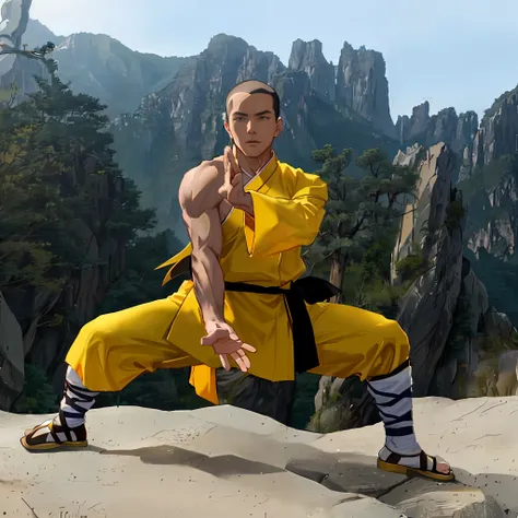 arafed style anime good charity man in black suit doing a karate pose on a rock, martial art pose, sifu style: 2, dojo on a moun...