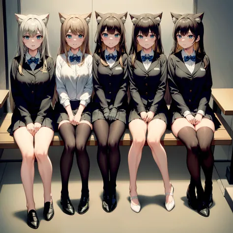 maximum resolution, (five girls: 1.5), (five girls sitting in a row), (all have cat ears), school uniform