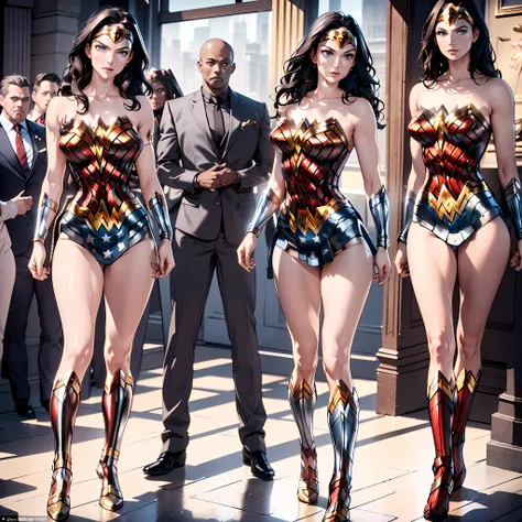 Absurd resolution, high resolution, (masterpiece: 1.4), hyper-detail, oversized meeting room, screen, many screen monitors in meeting room, (((wonder woman in a crowded meeting room, a group of men in suits crowded around wonder woman))), very excited happ...