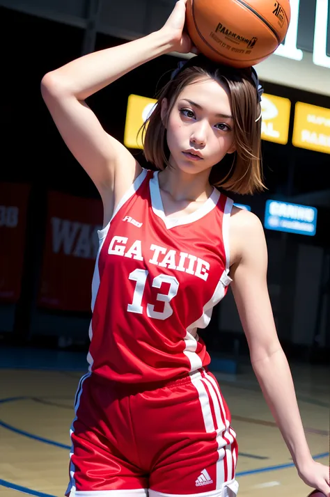 allard woman in red uniform with basketball on her head, basketball shirt, volleyball shirt, nba jersey, sporty, sakimi chan, yo...