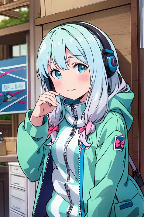 sagiri_izumi,1girl, blue green zipper coat,face front,closed mouth