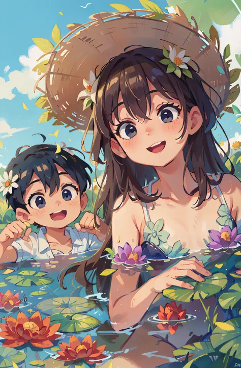 (Masterpiece, best quality), (Three boys playing in the water), smile, delicate facial features, delicate hand shape features, lake full of flowers, lotuses, clouds, sun, clean blue sky, splashes, swimsuit ((wide angle))