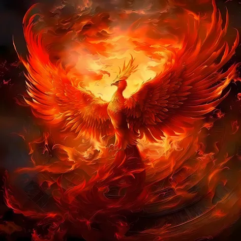 a painting of a bird with red wings flying through a sky, phoenix rising from the ashes, phoenix in fire, artwork of a phoenix, ...