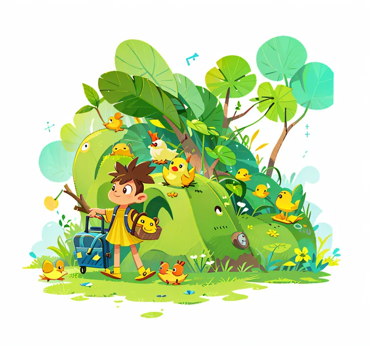 a little yellow duck holding a suitcase, freely and happily exploring the unknown world in the cute stick figure style of a trav...