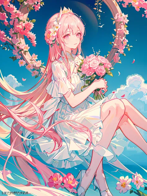 HD4k,masterpiece,best quality),araffe girl in a white dress holding a bouquet of flowerswith pink flowers, magazine photo, wenfei ye, twen magazine, ethereal!!!!!!!, young wan angel, style of wlop, magazine, aww, with white,pink pastel background,blond hai...