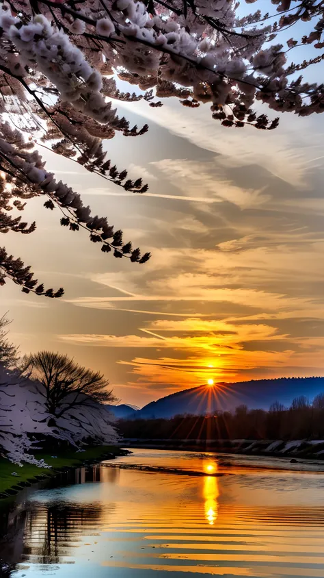 cherry tree teoets leaves in spring sunset near a river where it reflects the realistic sun 8k --auto --s2