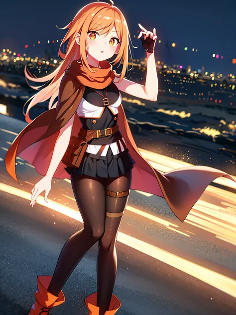 orange eyes light,richly faded light orange hair, anime 1girl, no skirt, brown military boots, pouch on the waist belt, khaki bi...