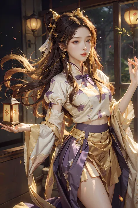 Superb Quality, Masterpiece, High Resolution, (Exquisite Body: 1.5), Stunning Beauty, (Milky Skin: 1.3), Exquisite Details, High Resolution, Wallpaper, 1 Woman, Solo, Dress, Hair Accessories, (((Golden Purple Skirt)) ), Flower, Long Hair, Brown Hair, Shut ...
