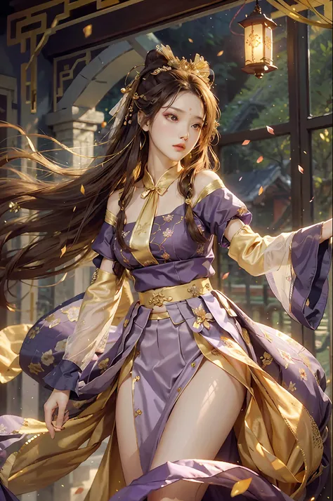 Superb Quality, Masterpiece, High Resolution, (Exquisite Body: 1.5), Stunning Beauty, (Milky Skin: 1.3), Exquisite Details, High Resolution, Wallpaper, 1 Woman, Solo, Dress, Hair Accessories, (((Golden Purple Skirt)) ), Flower, Long Hair, Brown Hair, Shut ...