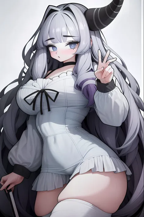 1girl, solo, standing, upper body, gray hair, long hair, curly hair, messy hair, (blunt bangs:1.2), horn, horn, white horn, blue eyes, looking at the audience, choker, purple shirt, white skirt, purple stockings, (skindentation:1.2), curvy, big breasts, co...