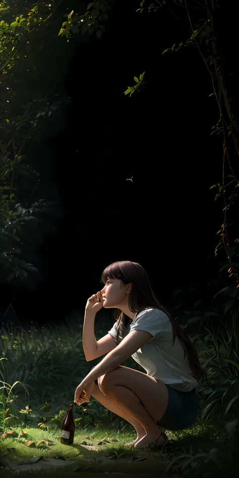Insect World, Leaves, Meadow, Jungle, A Girl (8k, RAW Photo, High Sensitivity, Best Quality, Masterpiece, Ultra High Resolution, Realisticity: 1.25), A Girl, Tears, Sad, Side Squatting to the Right, Crawling on Legs, Not Leaking Face, Country Road, Dark Ni...