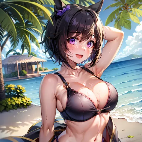 absurdres, highres,
BREAK
looking at viewer, cowboy shot, (from above:1.5)
BREAK
(vivid-color:1.3)
BREAK
(one girl:1.3), (loli:1.2), (special week (umamusume):1.3), umamusume, (black hair:1.3), (purple eyes:1.3), (hands up arms up:1.3), (arms behind back:1...