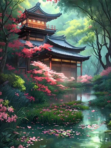 painting of a japanese house in a forest with a pond, beautiful digital artwork, andreas rocha style, inspired by andreas rocha,...