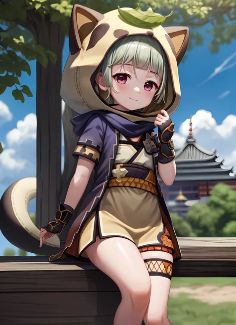 sayudef, full body, smile, blush, outdoors, daytime, simple background, blue sky, short hair, sky, temple, looking at the audience, sitting on the grass, loli, dumbfounded
