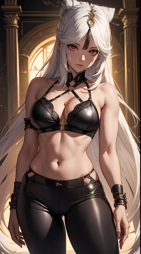 16K, RTX, HDR, extremely high details, intricate, professional makeup, best quality, masterpiece, night time, 1woman, solo, mature, cool, edgy, muscular, sexy golden micro bikini top and black pants, glowing eyes, silver long hair, smooth skin, big boobs, ...