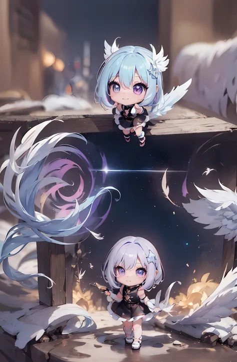 1 anime angel doll, (chibi: 1.2), 8k high quality detail art, white feathers on the back, light purple hair, gradient, twinkle, ...